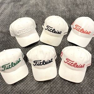 6 Titleist golf hats. White, black, orange, green, dark blue& red